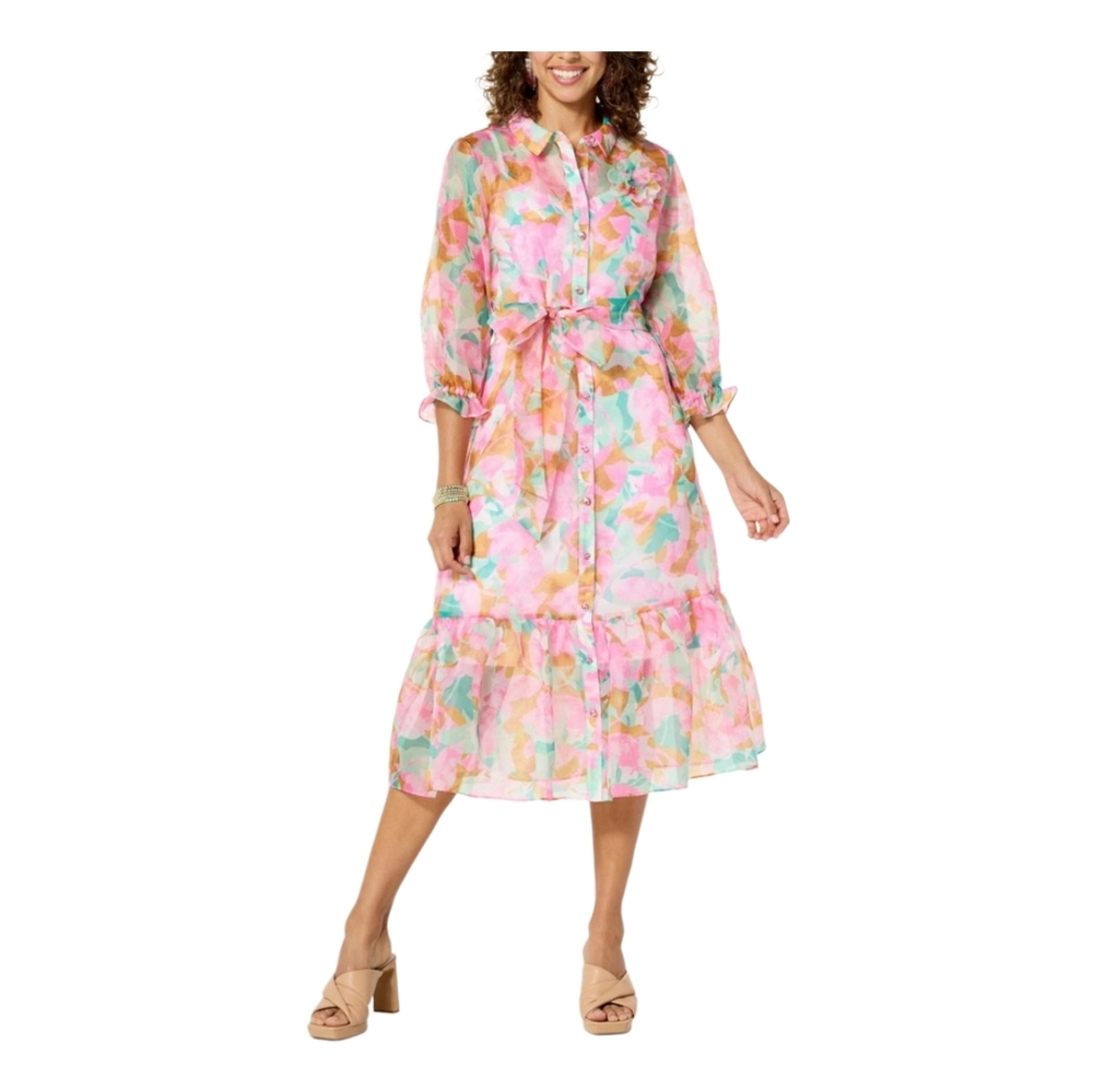 C Wonder by Christian Siriano Organza Button-Front Floral Midi Dress Sz M NWT